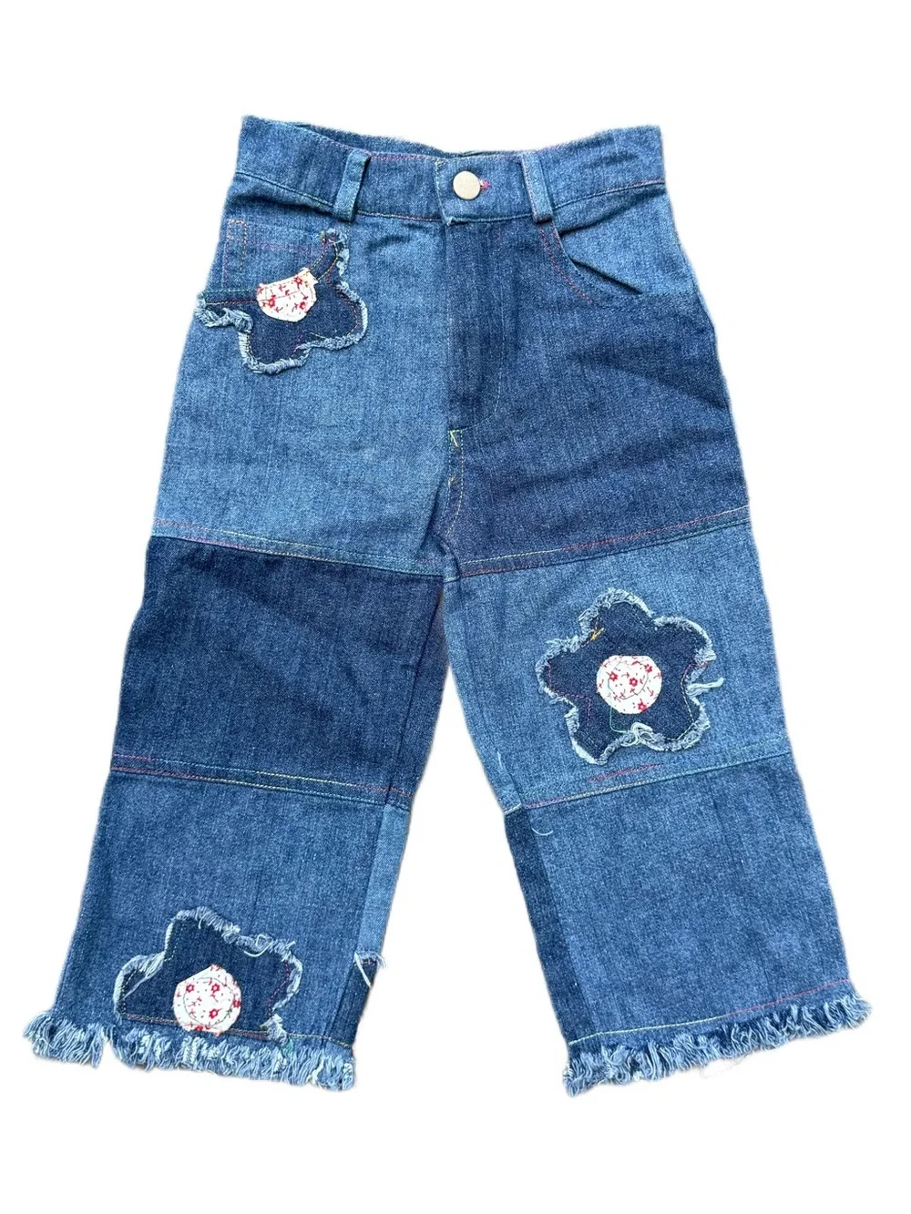 Vintage Kids Blue Patchwork Denim Pants with Floral Appliqué